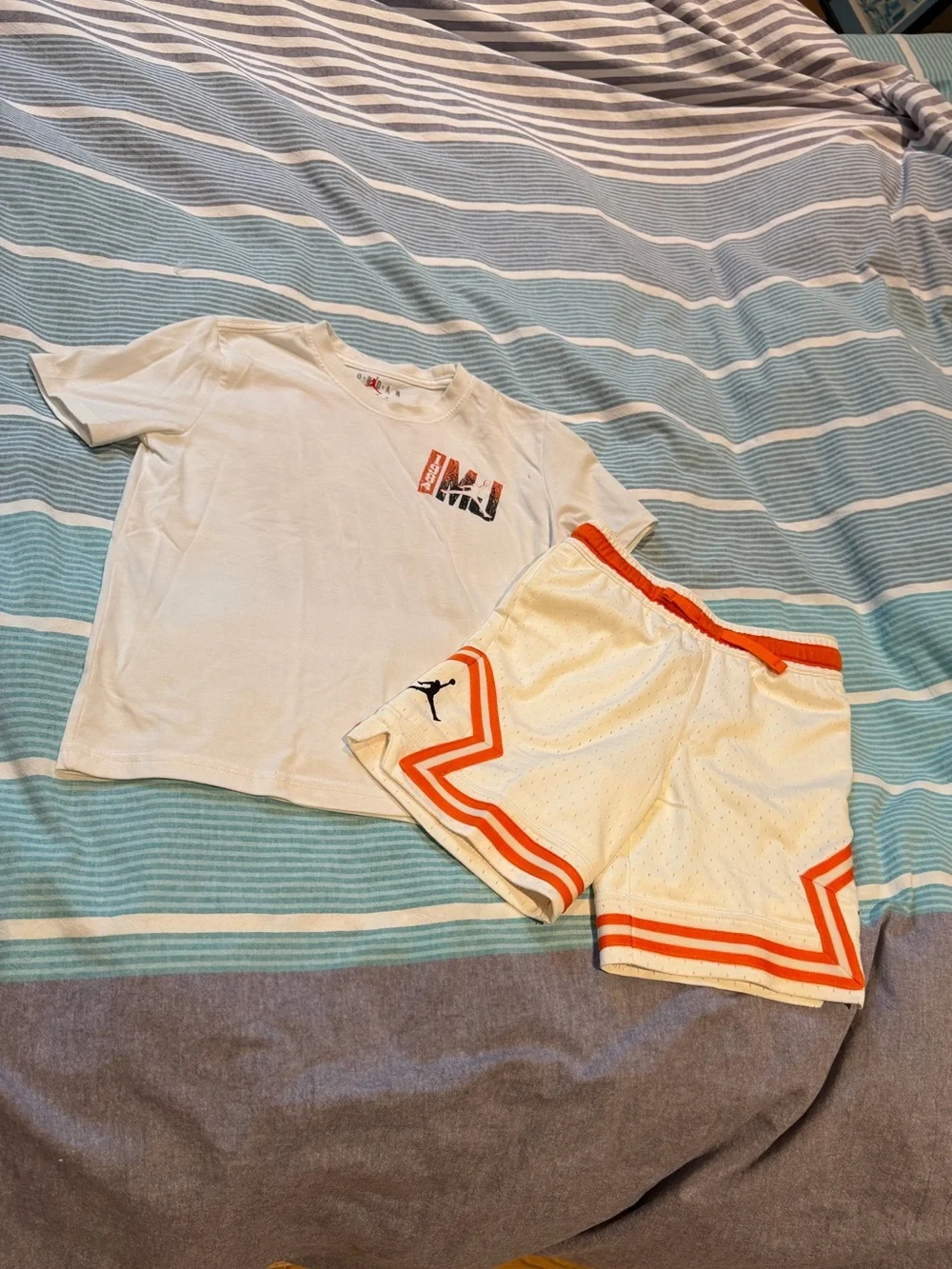 Jordan White Tee with Orange-Trim Mesh Shorts